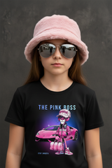 Black t-shirt with 'The Pink Boss' graphic design featuring a person in pink attire next to a pink car on a hanger against a dark background.