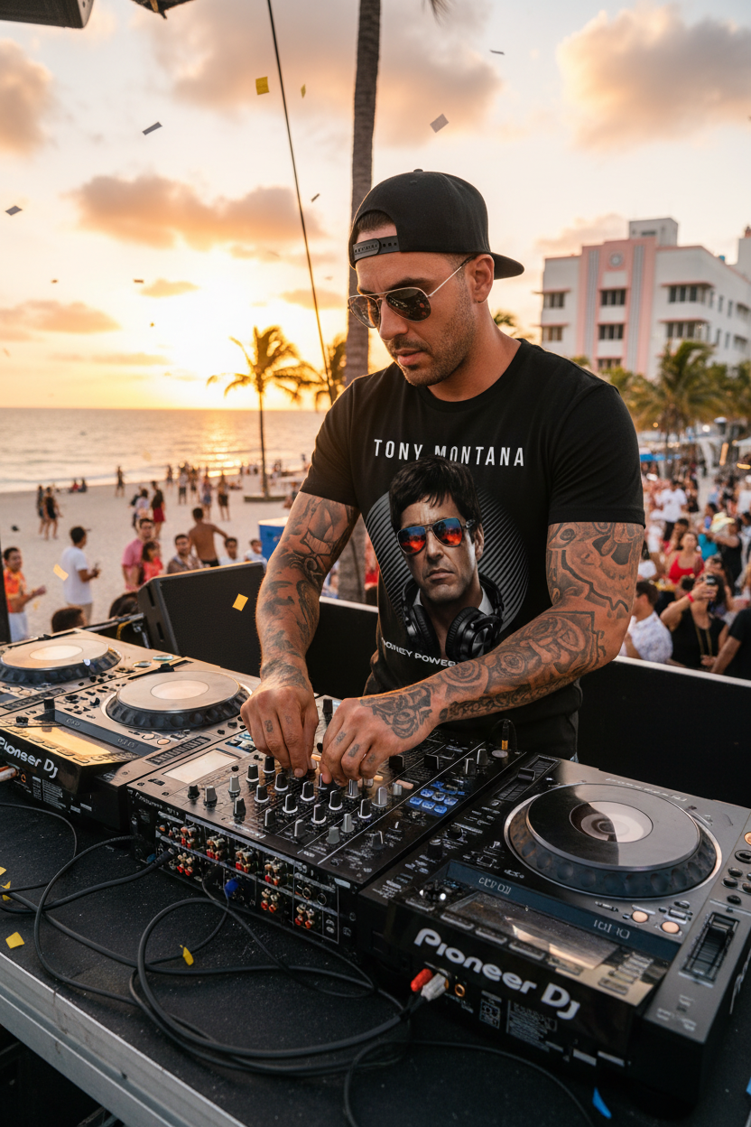 Black t-shirt with Tony Montana graphic and text on a dark background