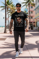 Black t-shirt with Tony Montana graphic and text on a dark background