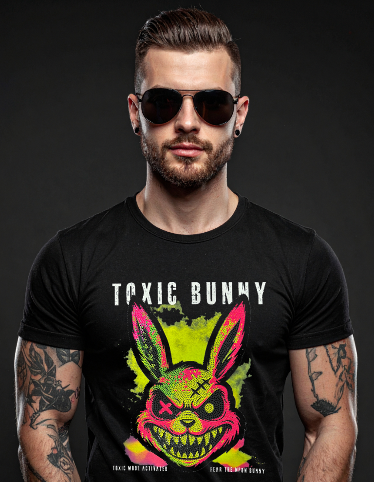 Man wearing a black t-shirt with 'Toxic Bunny' graphic design on a dark background