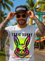 Man wearing a white t-shirt with 'Toxic Bunny' design and 'Grooveman' cap on a street with palm trees.
