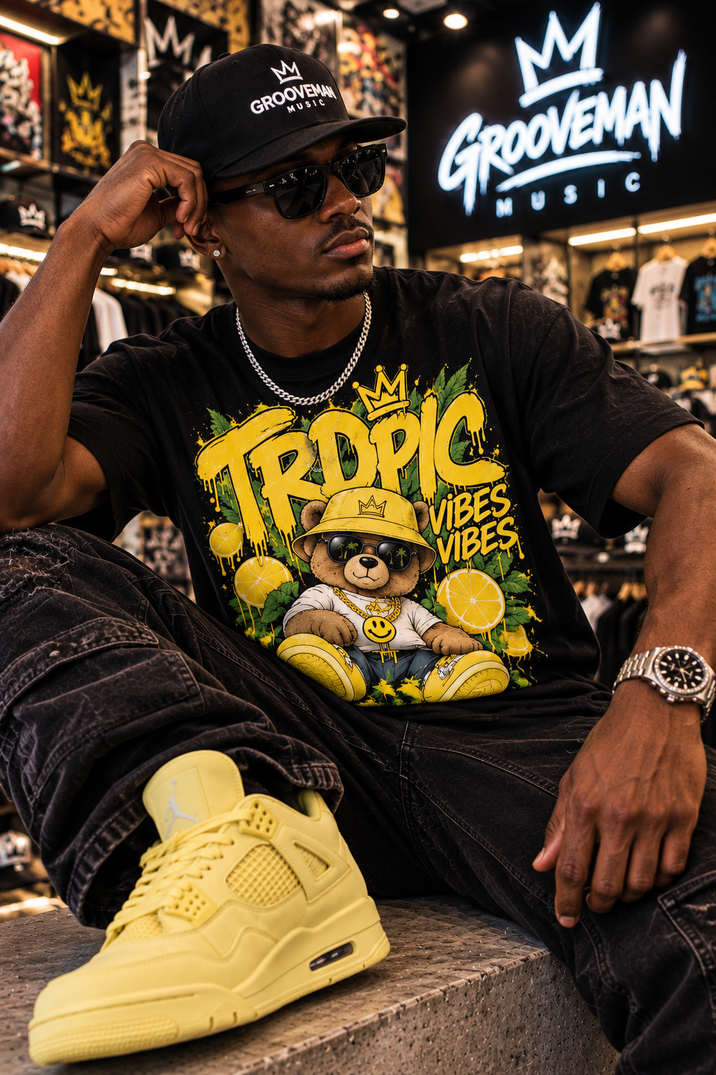 A man wearing a black Grooveman t-shirt with a yellow 'Tropical Vibes' graphic, a black cap, sunglasses, and yellow sneakers, sitting in a store.