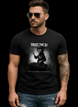 Man wearing a black t-shirt with a graphic design and text, standing against a neutral background.