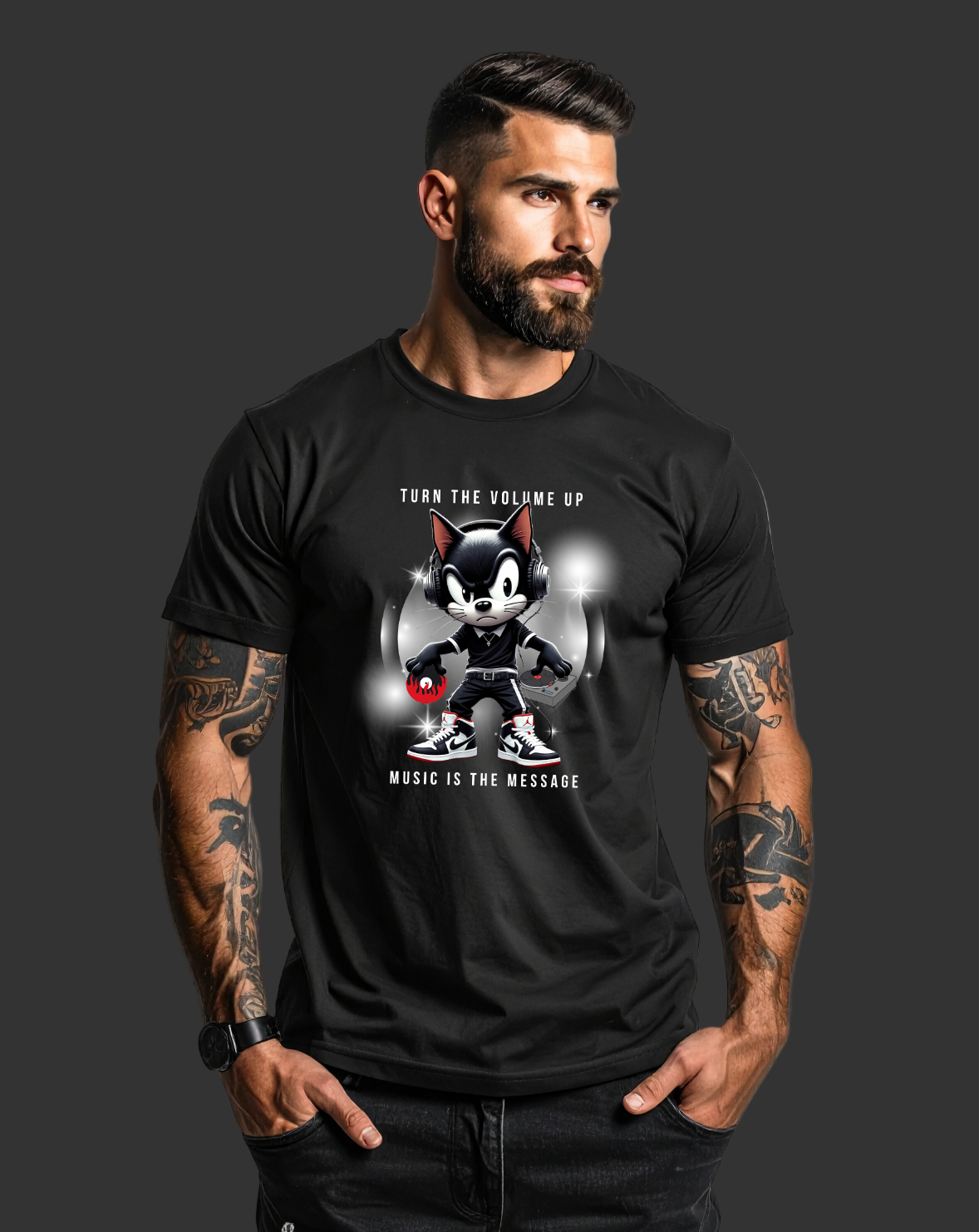 Man wearing a black t-shirt with a graphic design and text, standing against a plain background.