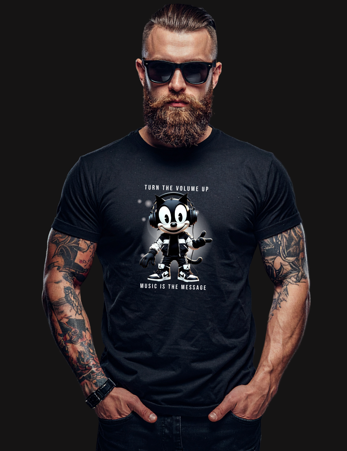 Man wearing a black t-shirt with a graphic design on a dark background