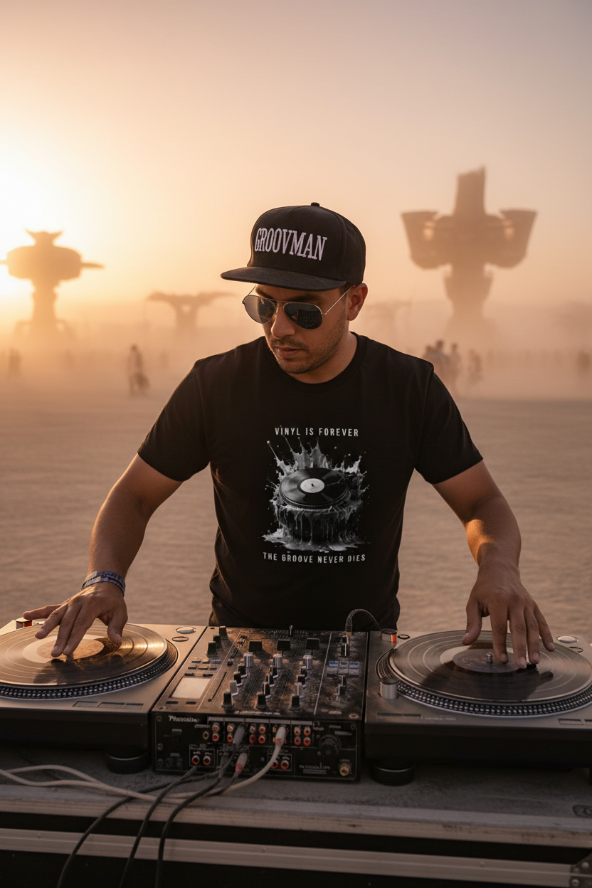 Black t-shirt with vinyl record design and text on a hanger against a dark background