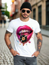 Man wearing a white t-shirt with a colorful lip design and vinyl record, standing against a light gray wall.