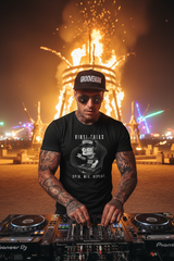 Black t-shirt with vinyl record player graphic and text on a dark background