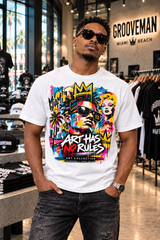 Model wearing the white Art Has No Rules Miami graffiti graphic T-shirt with colorful portrait artwork inside Grooveman.