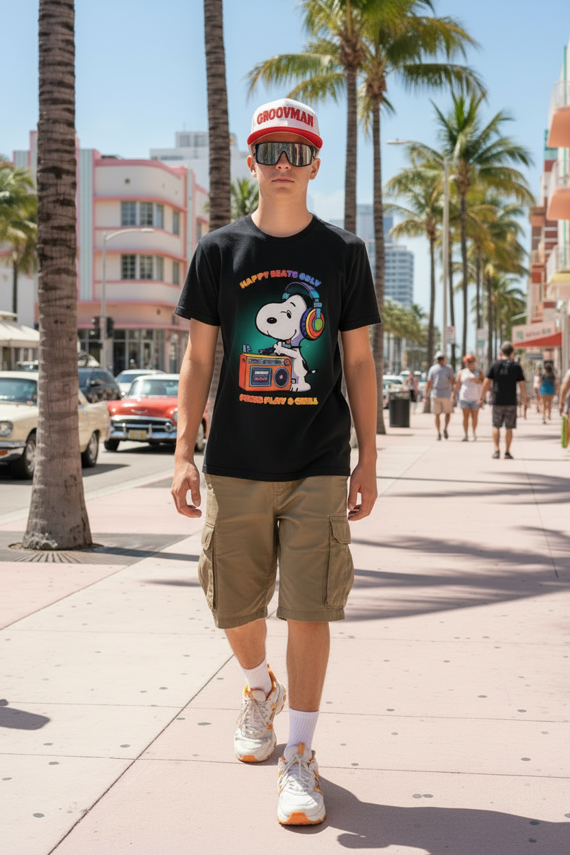 Black t-shirt with Snoopy graphic and text on a hanger against a dark background