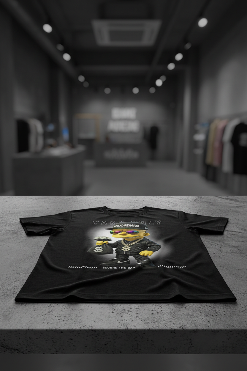 Black t-shirt with a cartoon character holding money on a hanger against a dark background