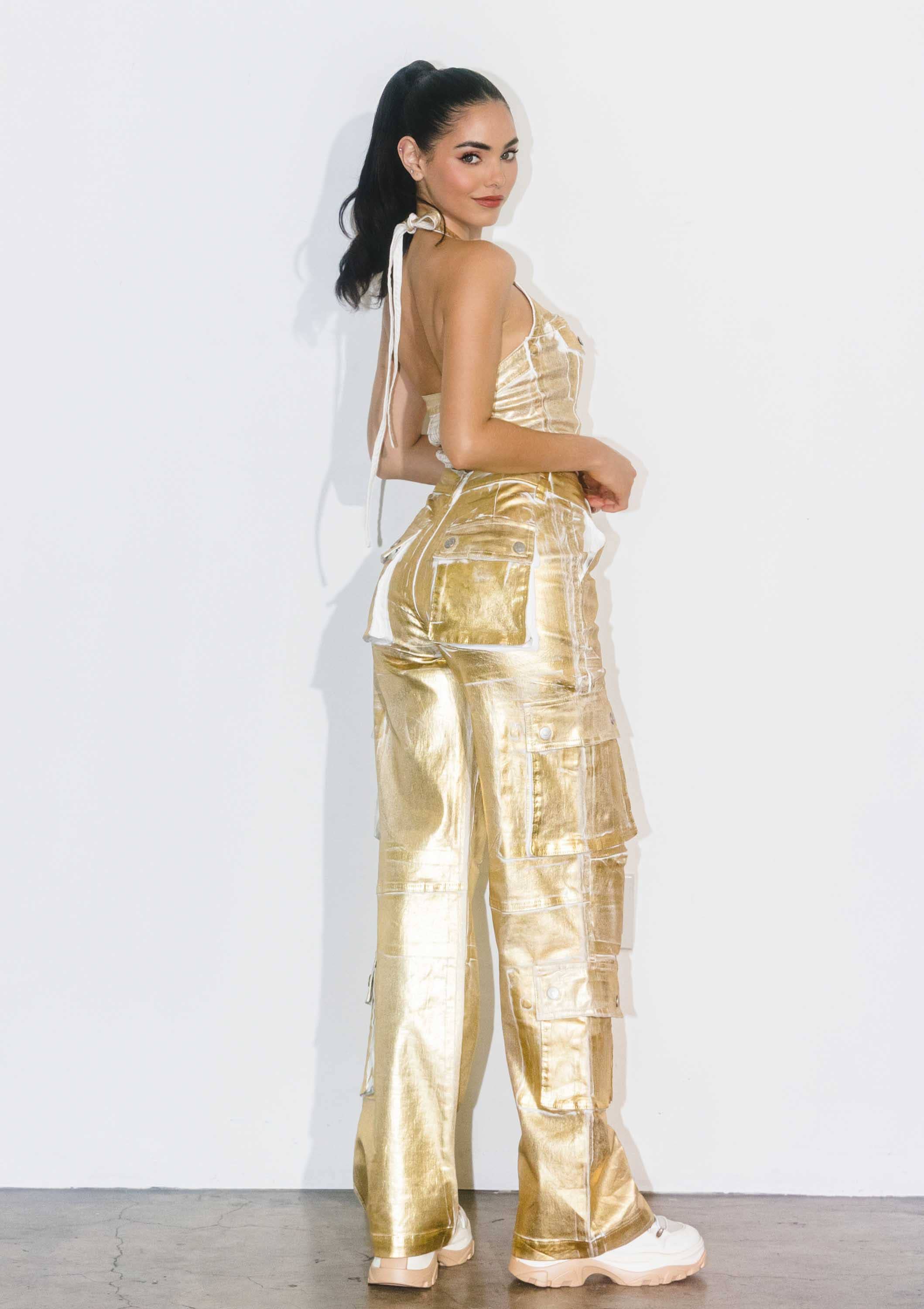 Gold Foil Print Baggy Cargo Pants - Grooveman Music