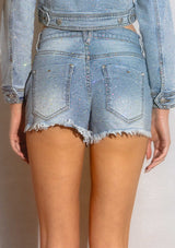 Rhinestone Studded Mid Rise Denim Shorts
