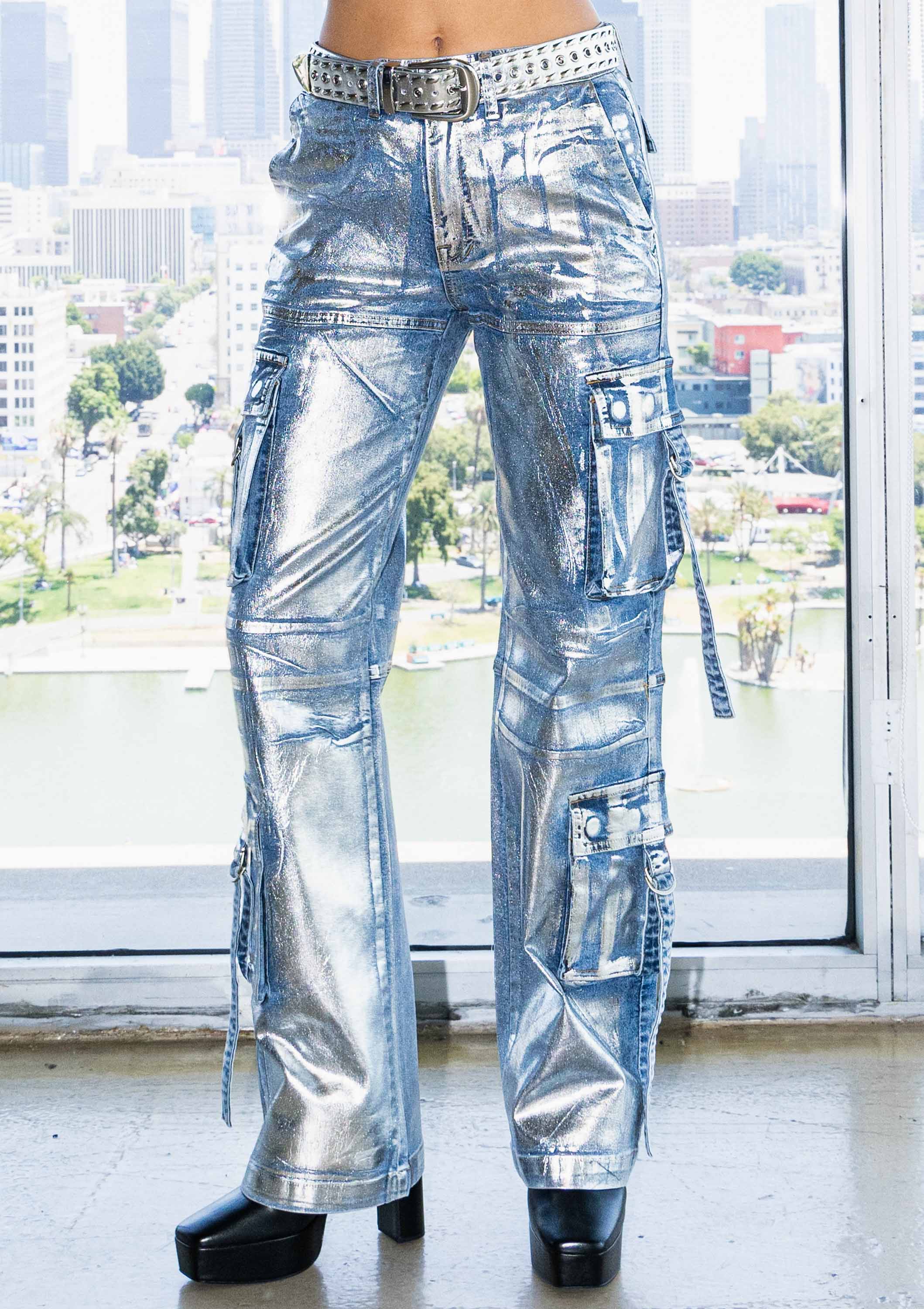 Metallic Wide leg Cargo Pants: Silver