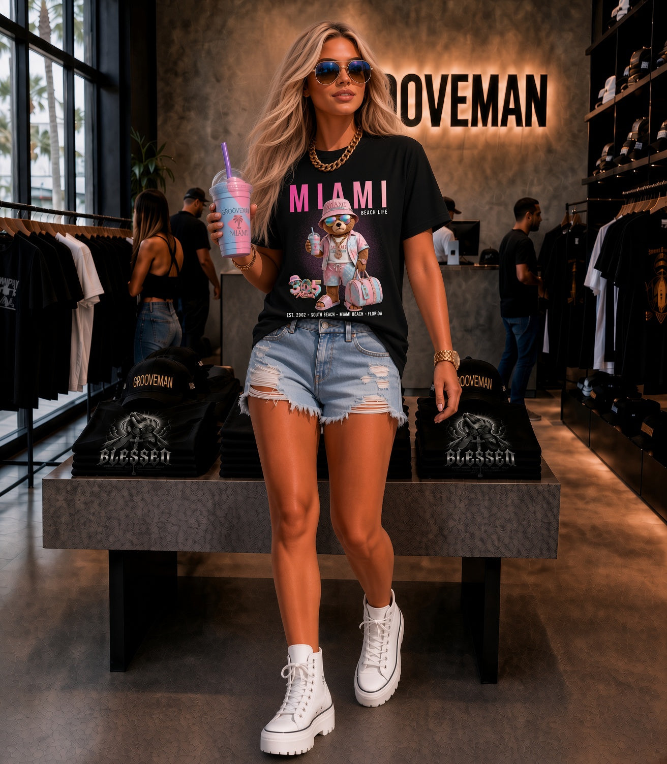 Miami Beach Life 305 Teddy Bear Women’s Graphic T-Shirt – Black & White