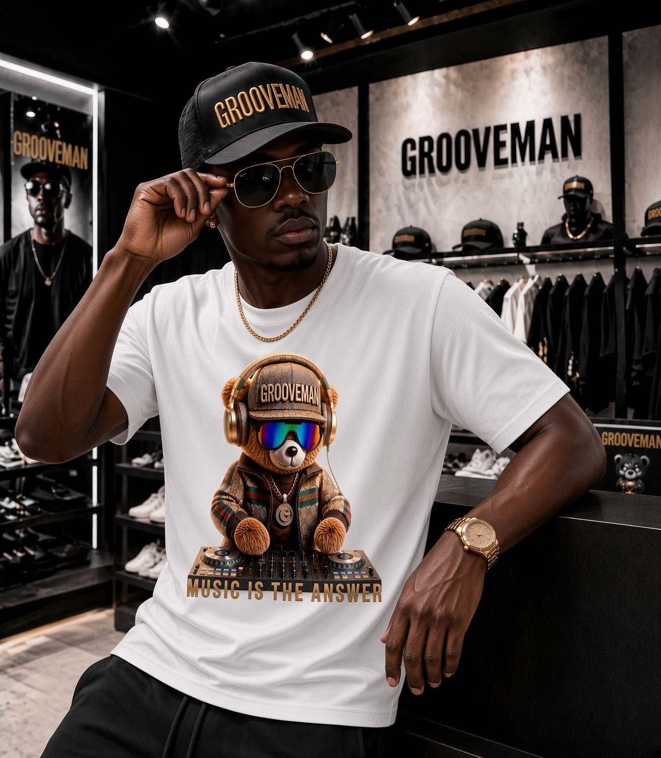 Grooveman Music Is The Answer DJ Teddy Bear Graphic T-Shirt
