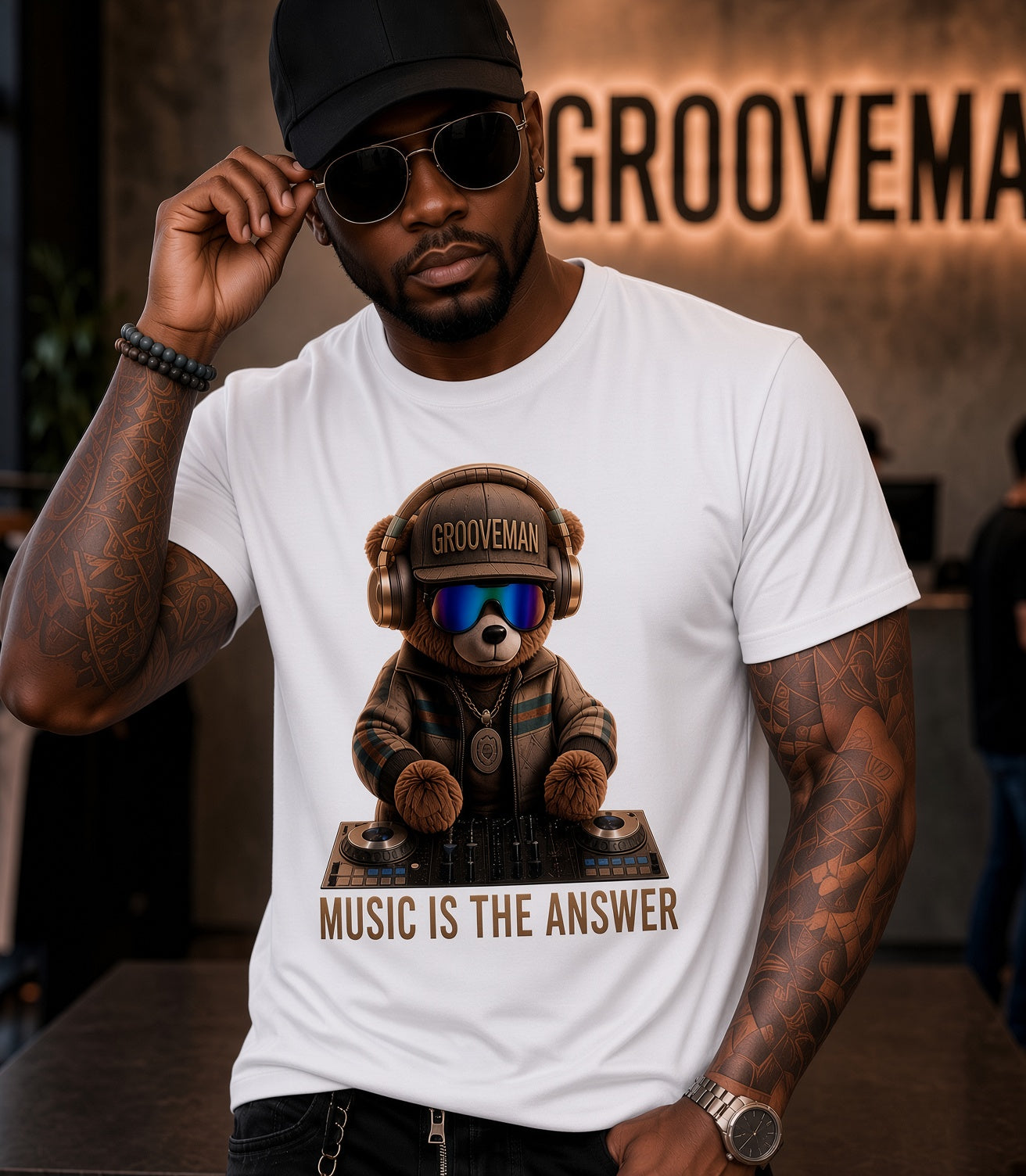 Grooveman Music Is The Answer DJ Teddy Bear Graphic T-Shirt