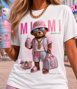 Miami Beach Life 305 Teddy Bear Women’s Graphic T-Shirt – Black & White