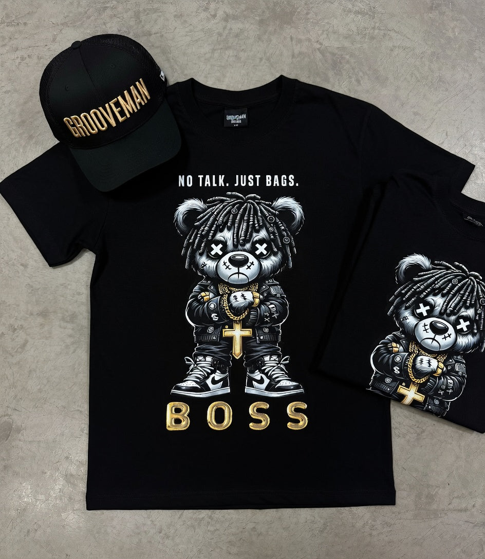 Grooveman “No Talk Just Bags” Black Collection T-Shirt – Luxury Streetwear Graphic Tee (Runs Big)
