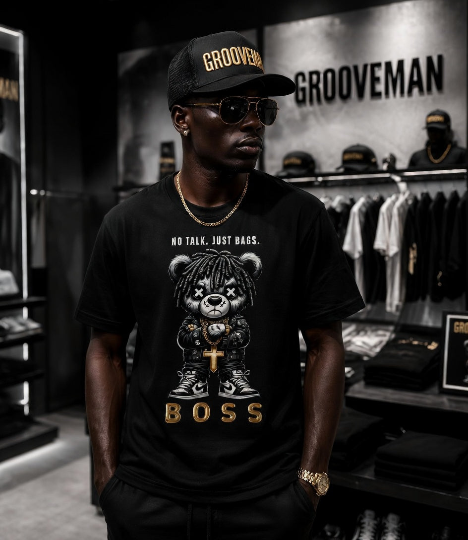 Grooveman “No Talk Just Bags” Black Collection T-Shirt – Luxury Streetwear Graphic Tee (Runs Big)