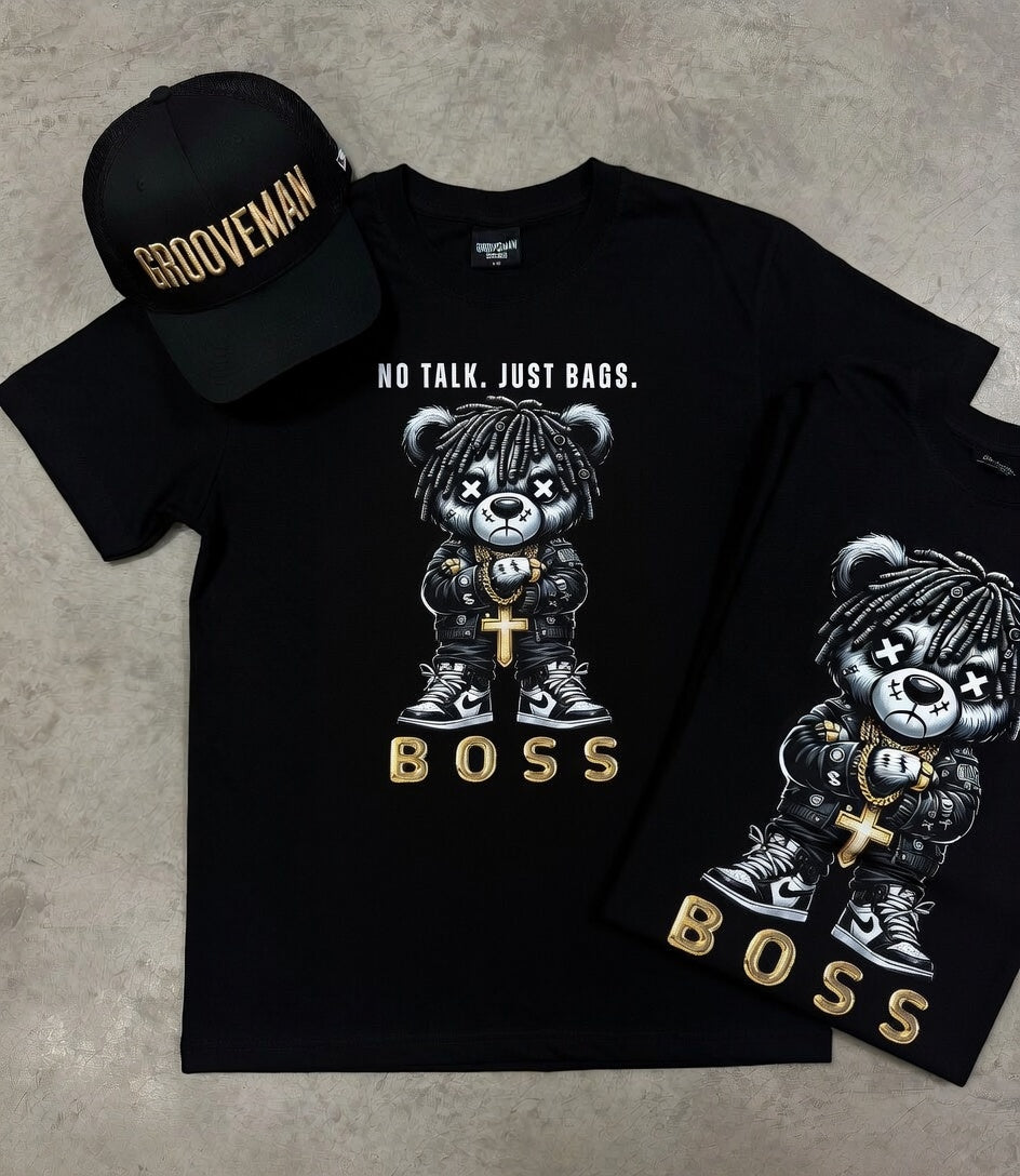 Grooveman “No Talk Just Bags” Black Collection T-Shirt – Luxury Streetwear Graphic Tee (Runs Big)