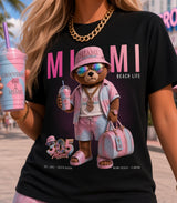 Miami Beach Life 305 Teddy Bear Women’s Graphic T-Shirt – Black & White