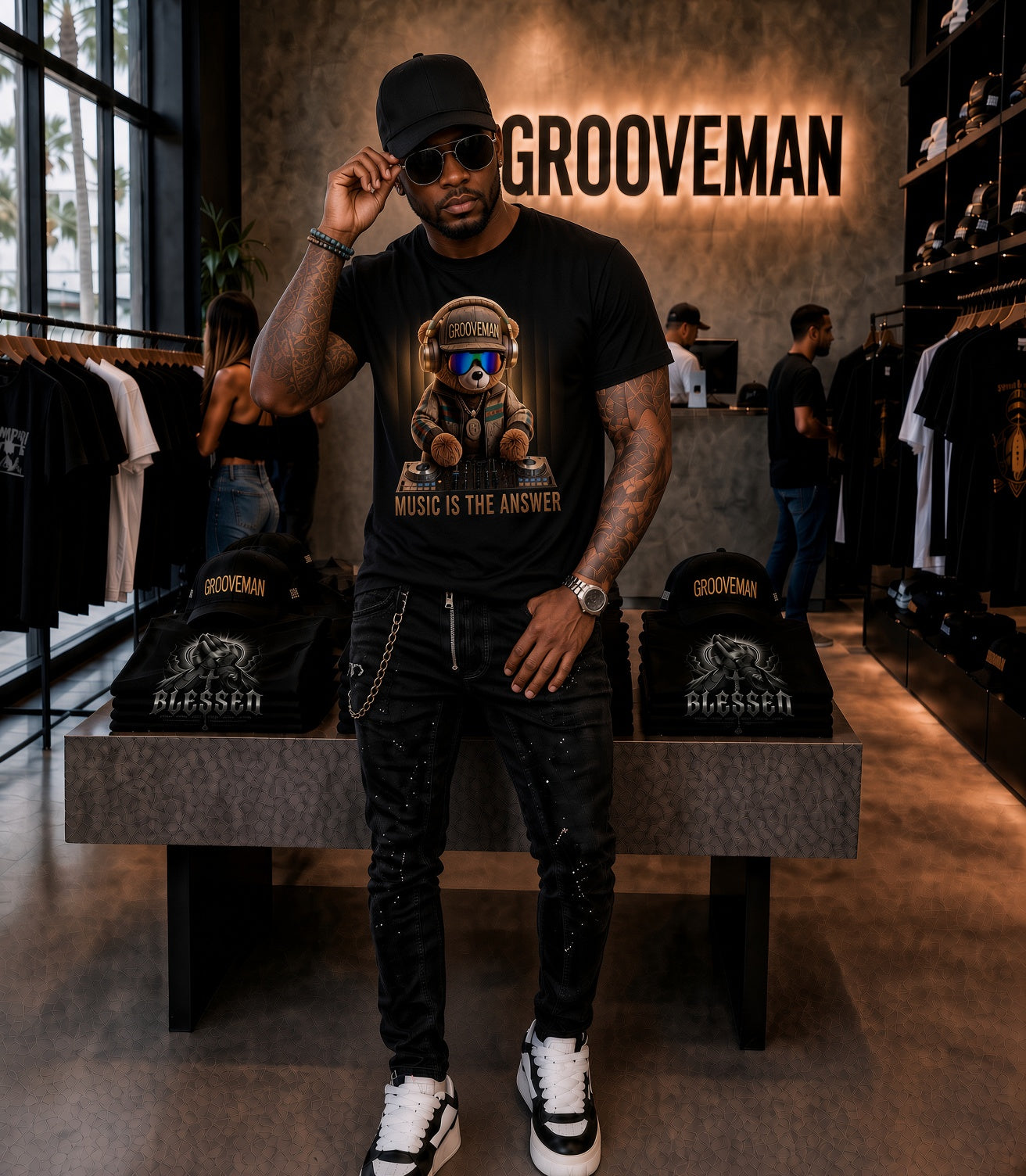 Grooveman Music Is The Answer DJ Teddy Bear Graphic T-Shirt
