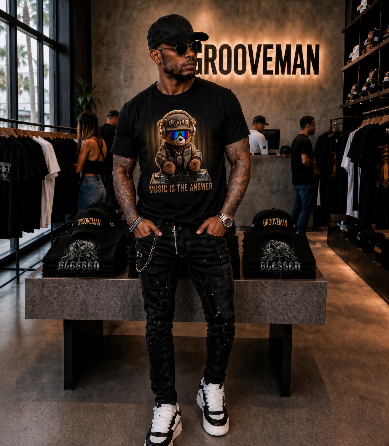 Grooveman Music Is The Answer DJ Teddy Bear Graphic T-Shirt