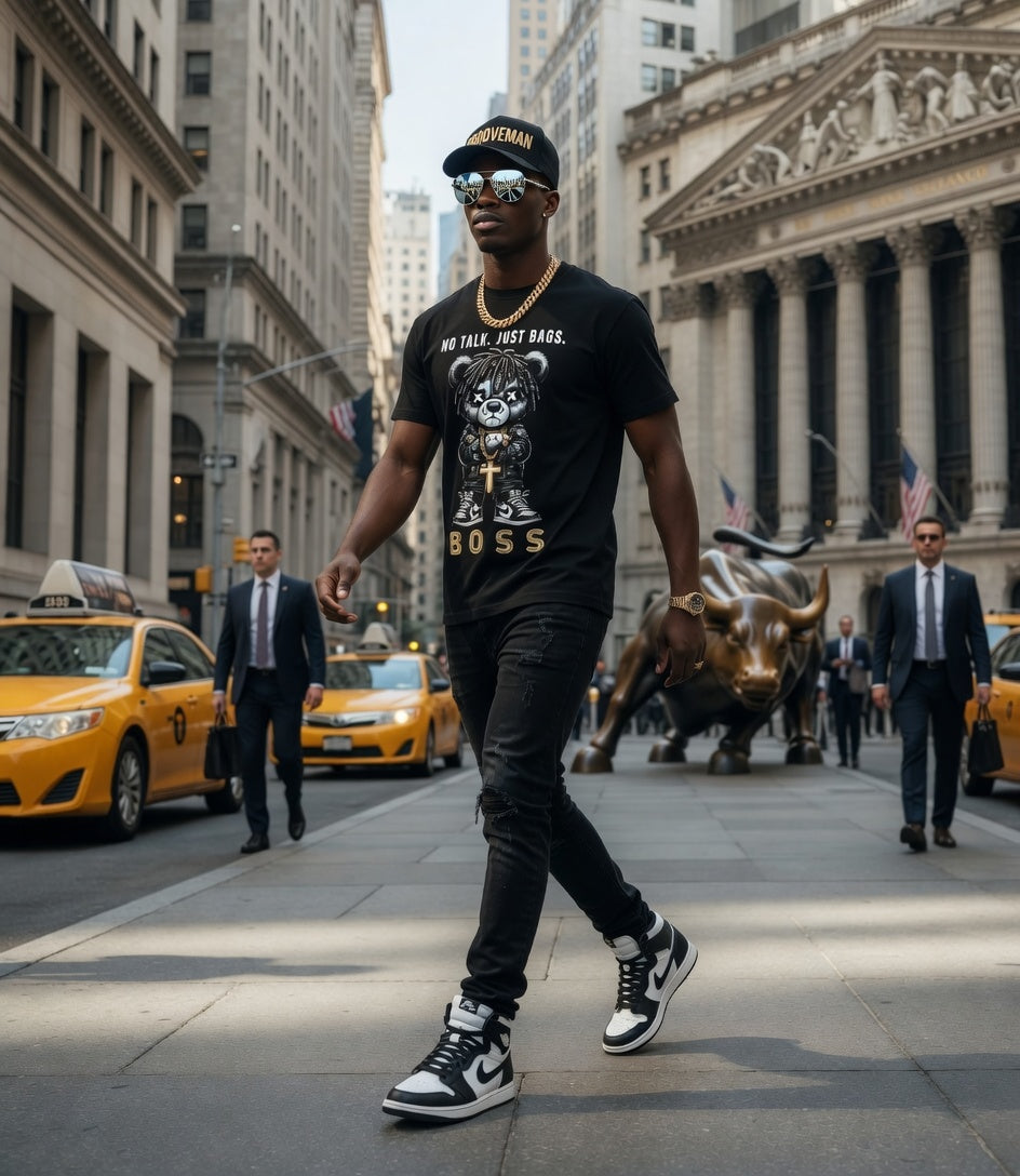 Grooveman “No Talk Just Bags” Black Collection T-Shirt – Luxury Streetwear Graphic Tee (Runs Big)