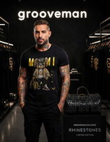 Miami Teddy Bear Rhinestone T-Shirt Black & Gold – Premium Streetwear Graphic Tee | Grooveman