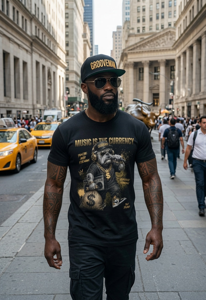 Music Is The Currency Bulldog Graphic T-Shirt – Black Streetwear Tee