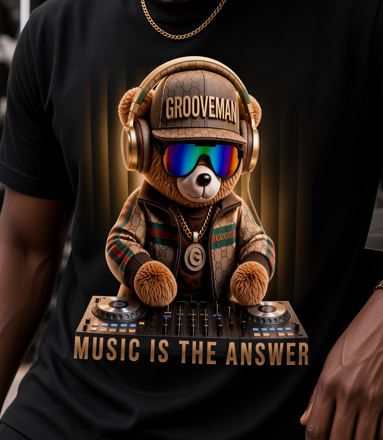 Grooveman Music Is The Answer DJ Teddy Bear Graphic T-Shirt