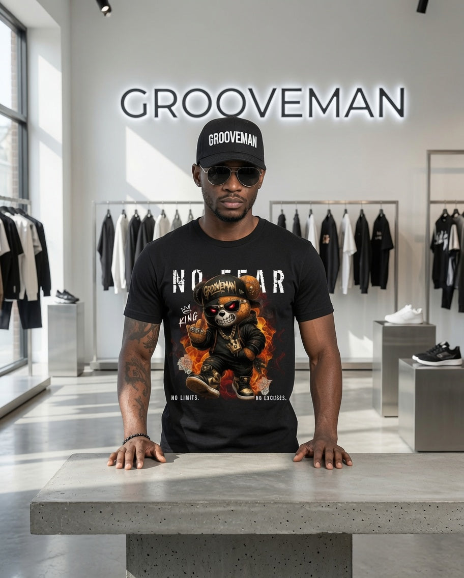 No Fear Skull Teddy Tee – Streetwear Graphic T-Shirt for Men | Grooveman