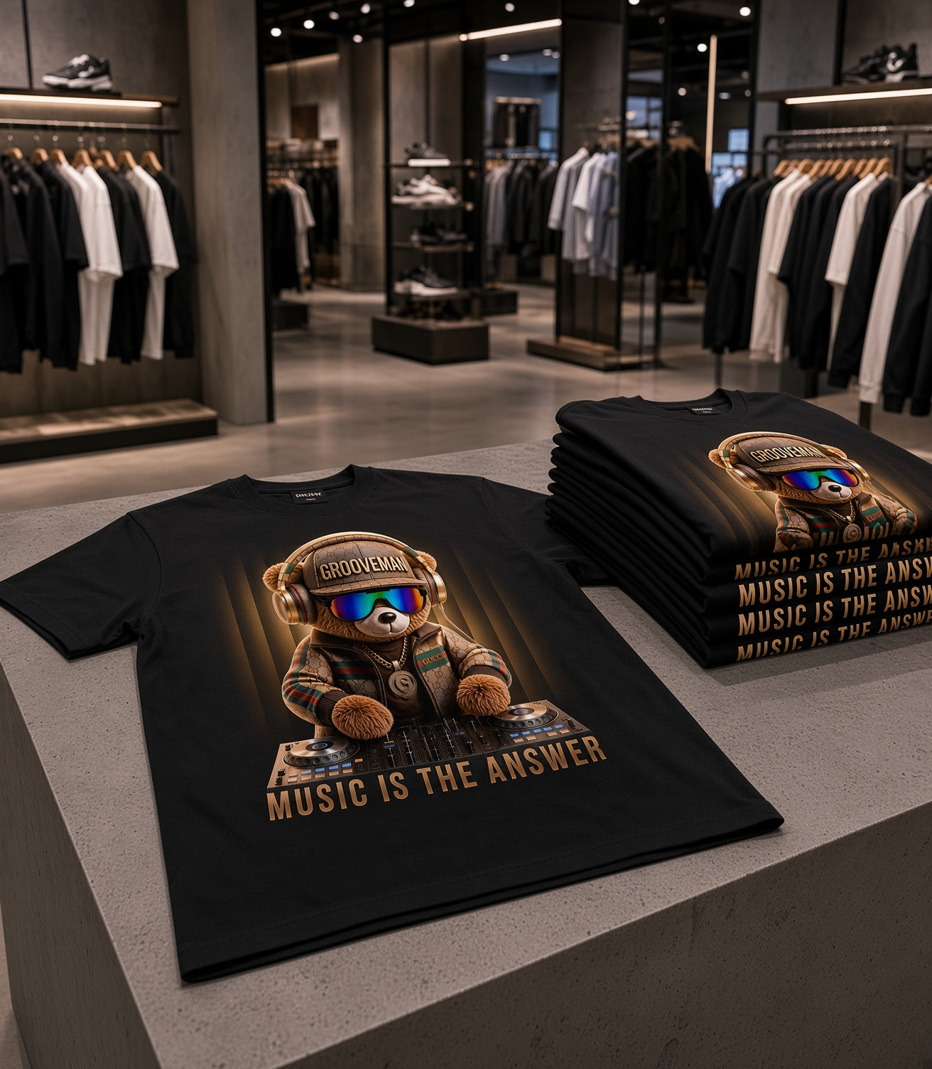 Grooveman Music Is The Answer DJ Teddy Bear Graphic T-Shirt