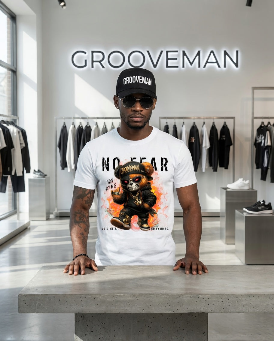 No Fear Skull Teddy Tee – Streetwear Graphic T-Shirt for Men | Grooveman