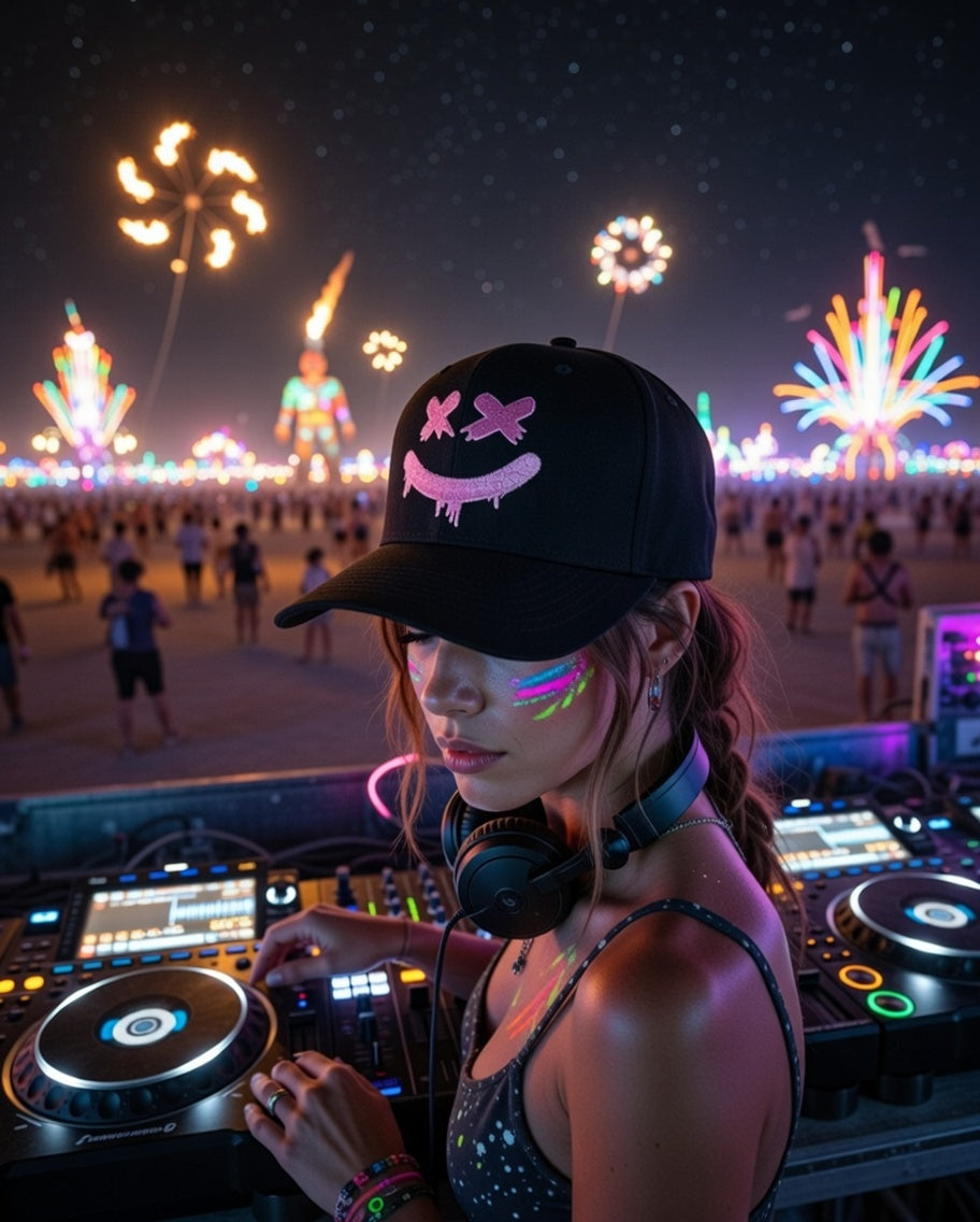 Dripping Smiley Embroidered Hat – Black Streetwear Cap | Grooveman Exclusive