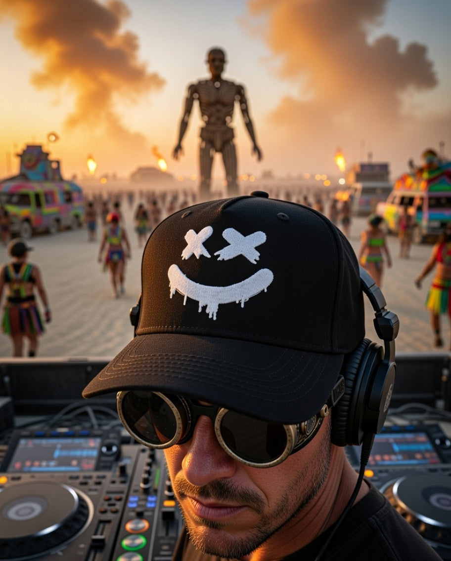 Dripping Smiley Embroidered Hat – Black Streetwear Cap | Grooveman Exclusive