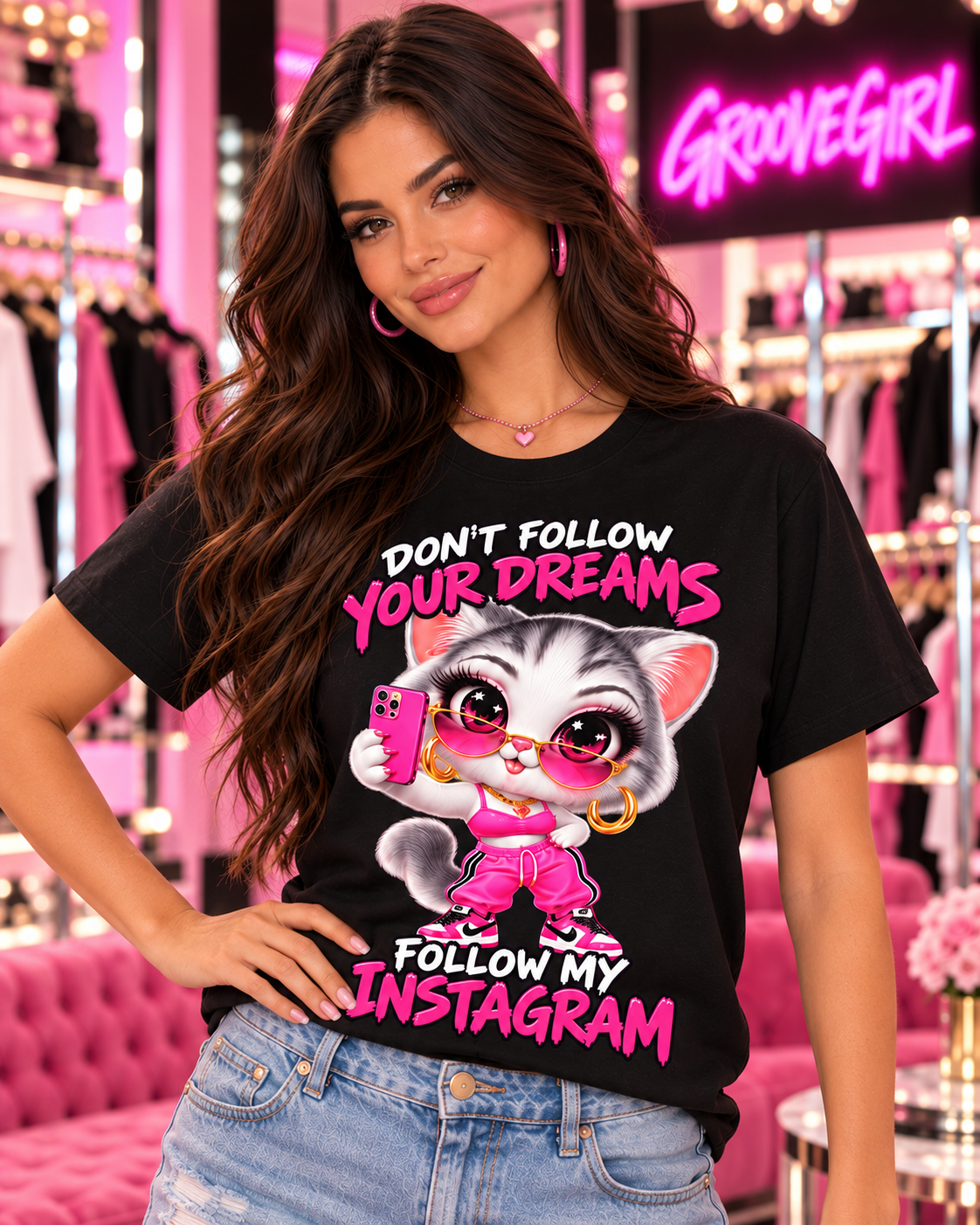 Brunette model wearing a black women's Follow My Instagram kawaii cat graphic T-shirt.