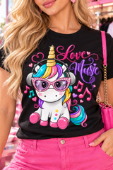 Close-up of the Love Music unicorn print with pink jeweled sunglasses on a black women's T-shirt.