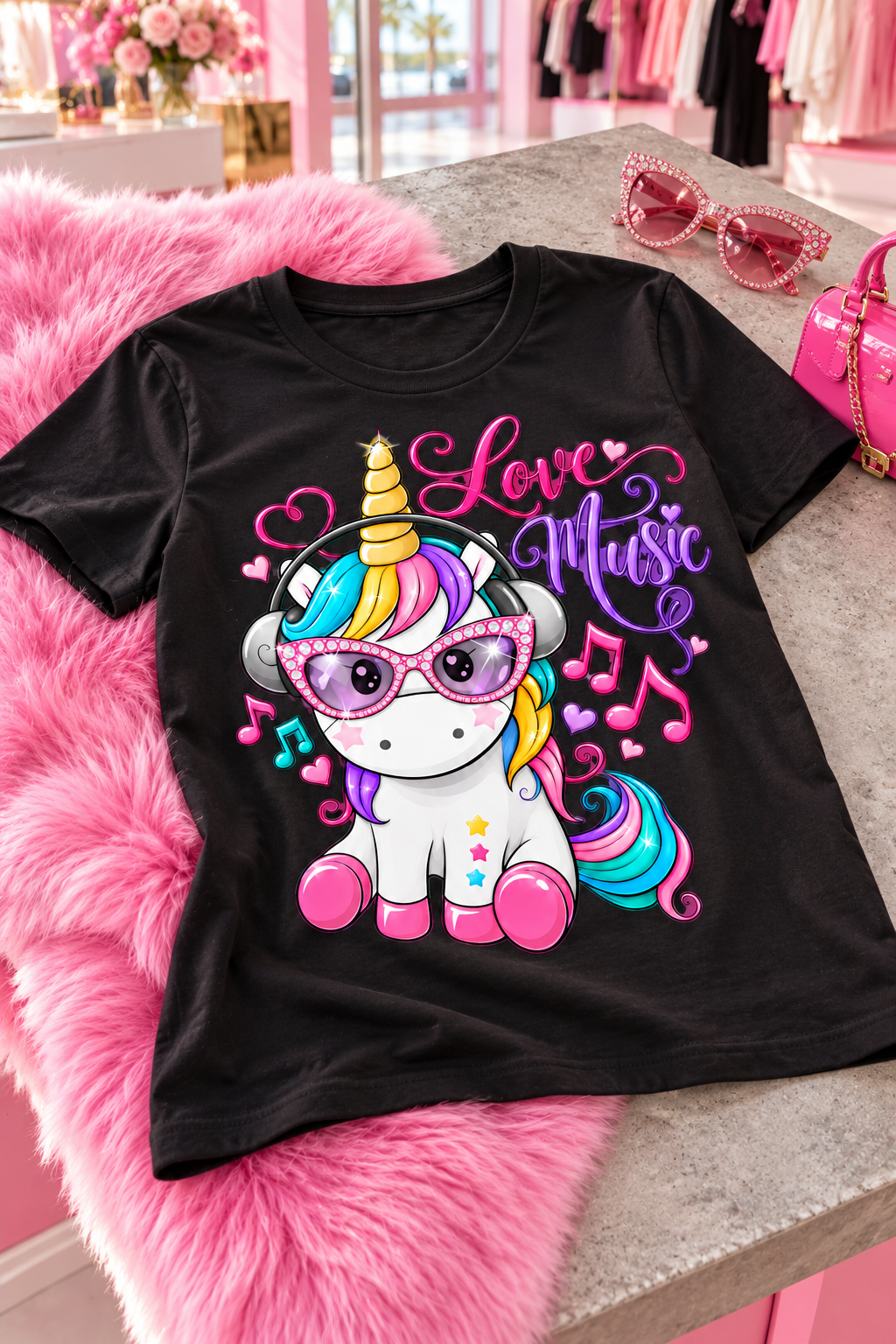 Black Love Music unicorn T-shirt on a cement table with pink faux fur and accessories.