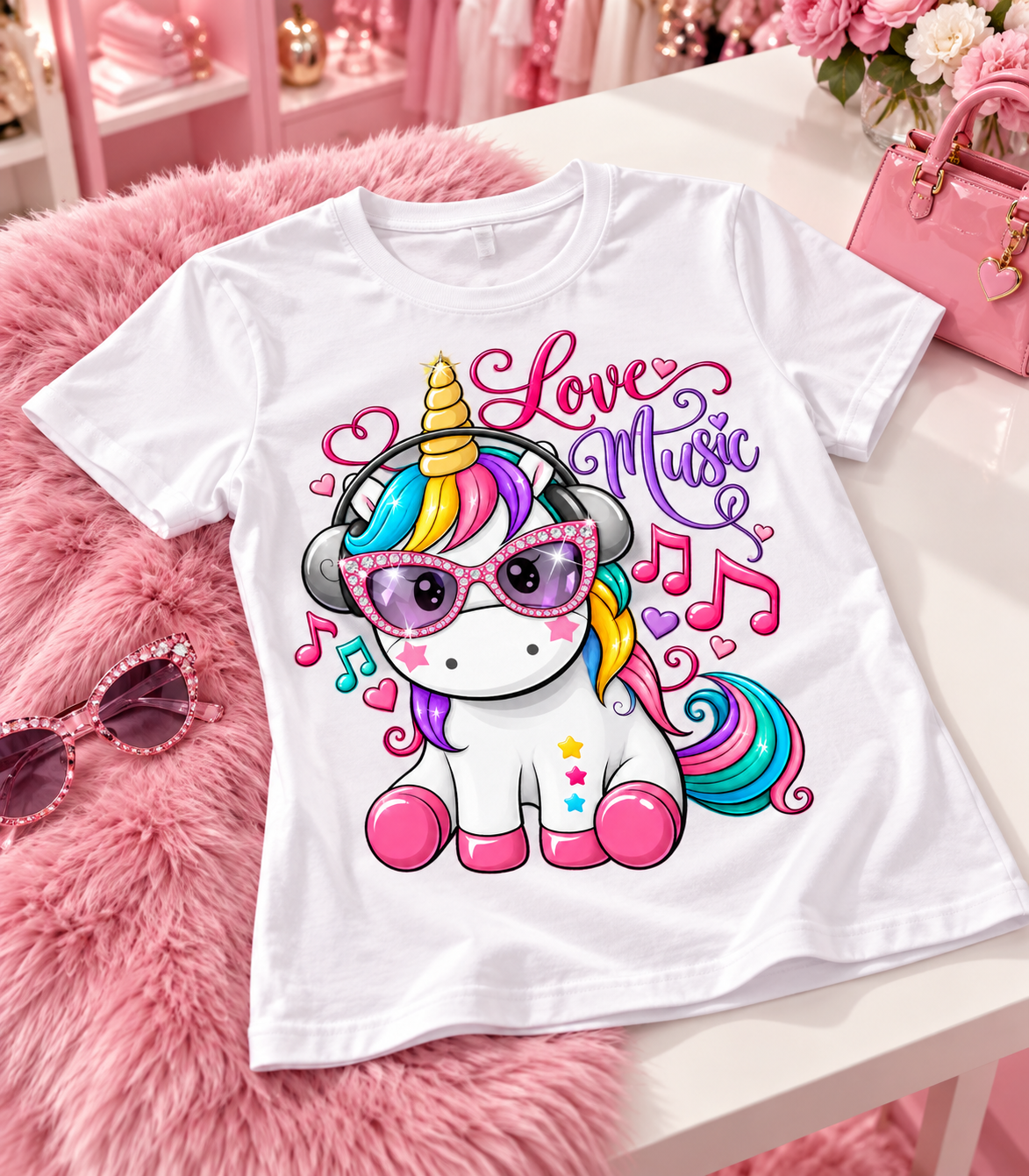 White Love Music unicorn T-shirt displayed on a white table with pink faux fur.