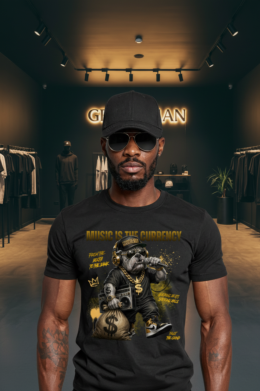 Man wearing a black t-shirt with a graphic design and text, standing against a plain background.
