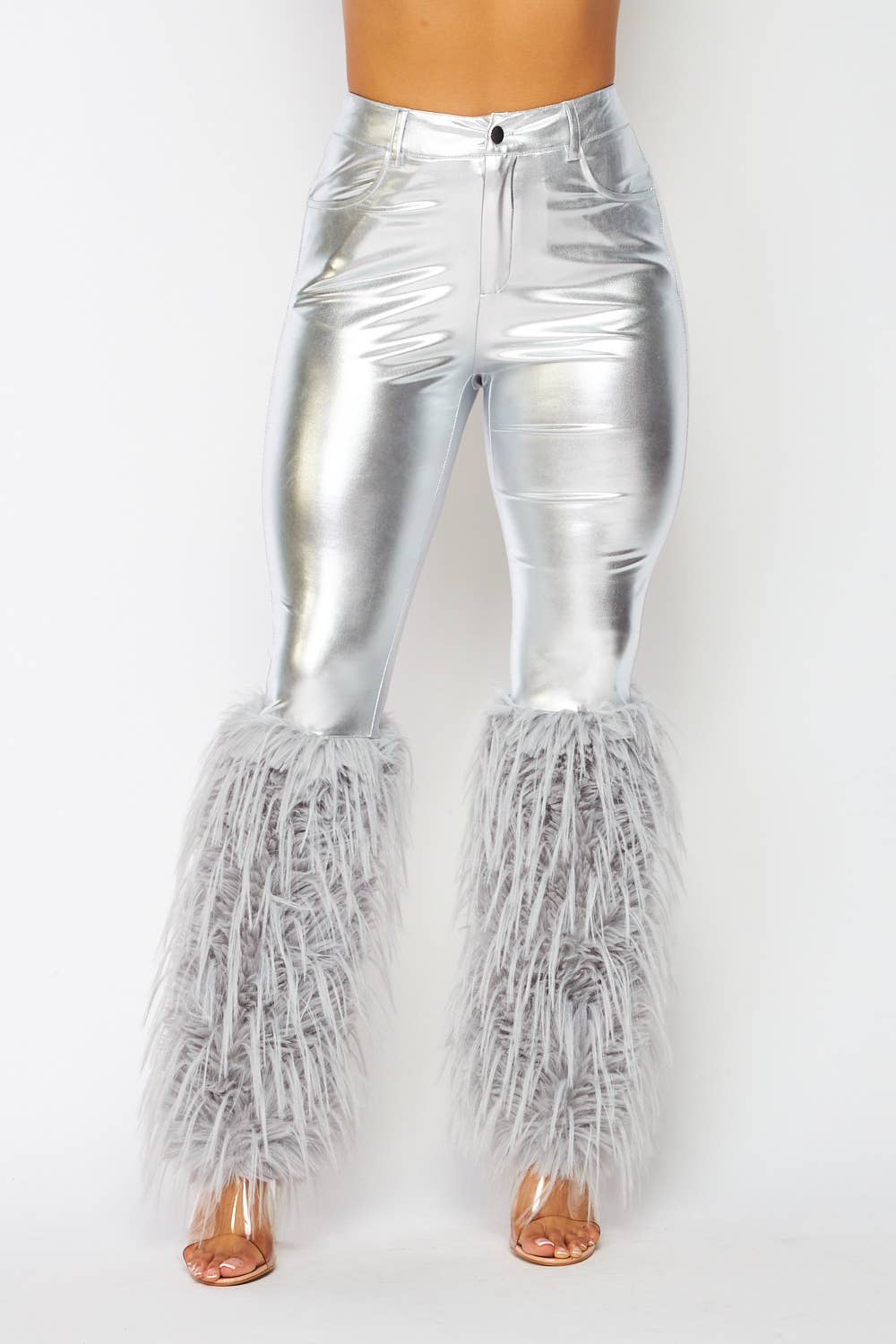 Azalea Shaggy Faux Fur Trim PU Legging Pants Silver