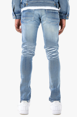 Light Sand Blue Jeans w/ Plaid Patch & Mesh Detail