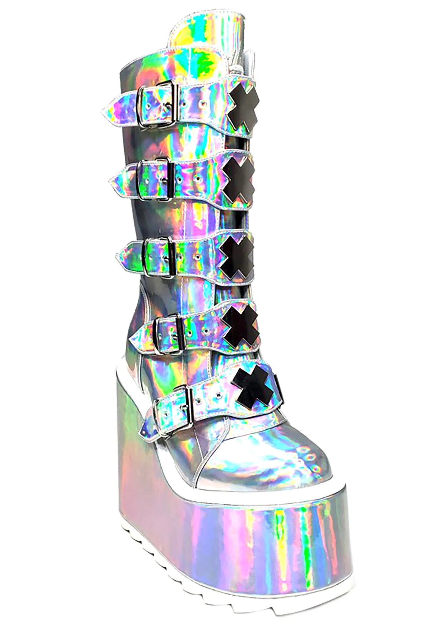 YRU Shoes Dune X Platform Boots in Silver Hologram
