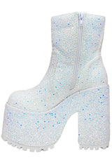 YRU Shoes Krush Platform Boots in White Glitter
