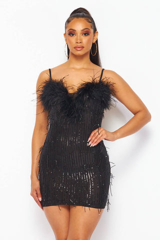 Keira Sequin and Feather Mini Dress(HDD29489)