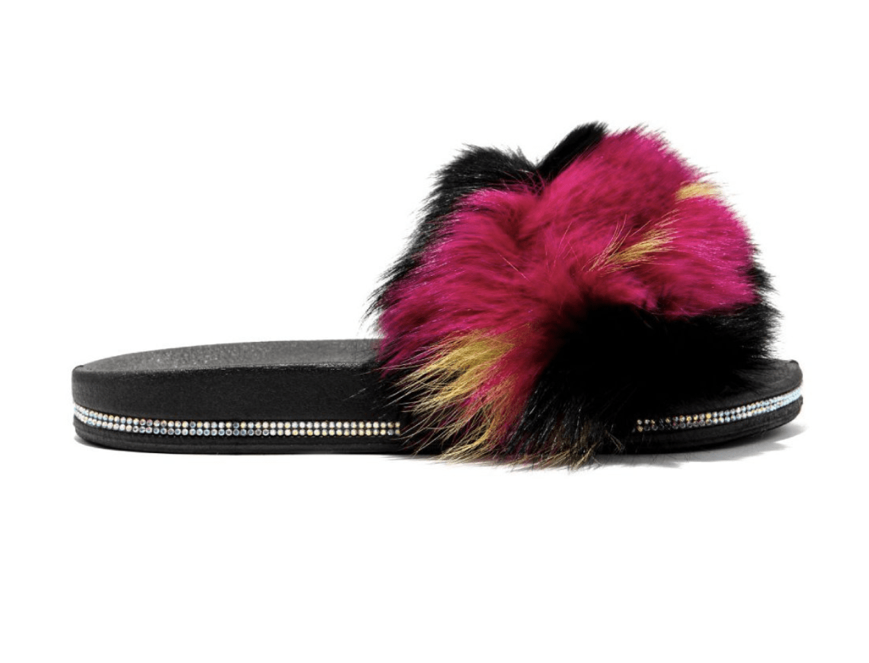 Cape Robbin Shoes Fur Black Multi Color With Mini Rhinestones Slides