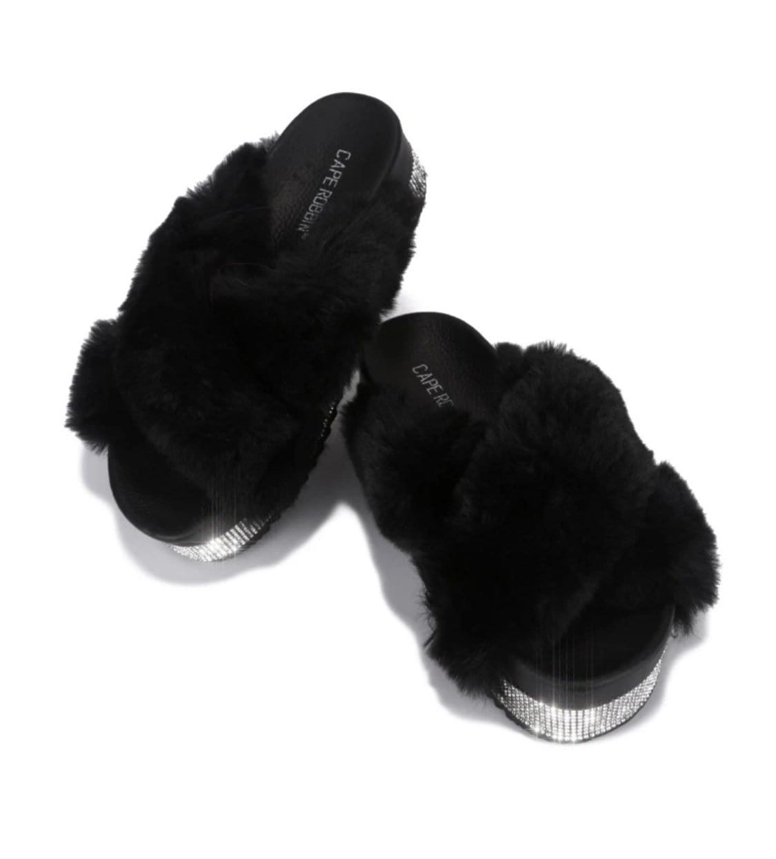 Cape Robbin Shoes Platform Spotty Thick Fur Black Slides