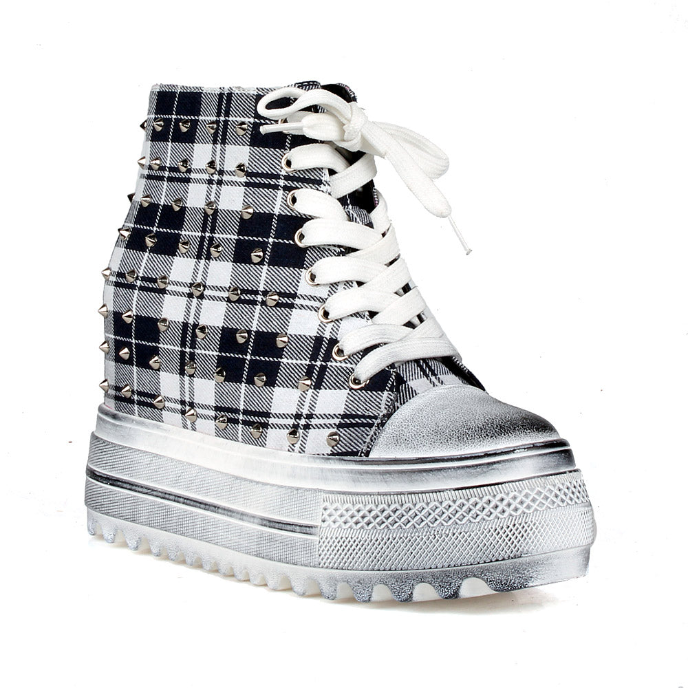 Anthony Wang Cherry Punch Sport Sneaker Blue Plaid Wedge Platform Lace Up